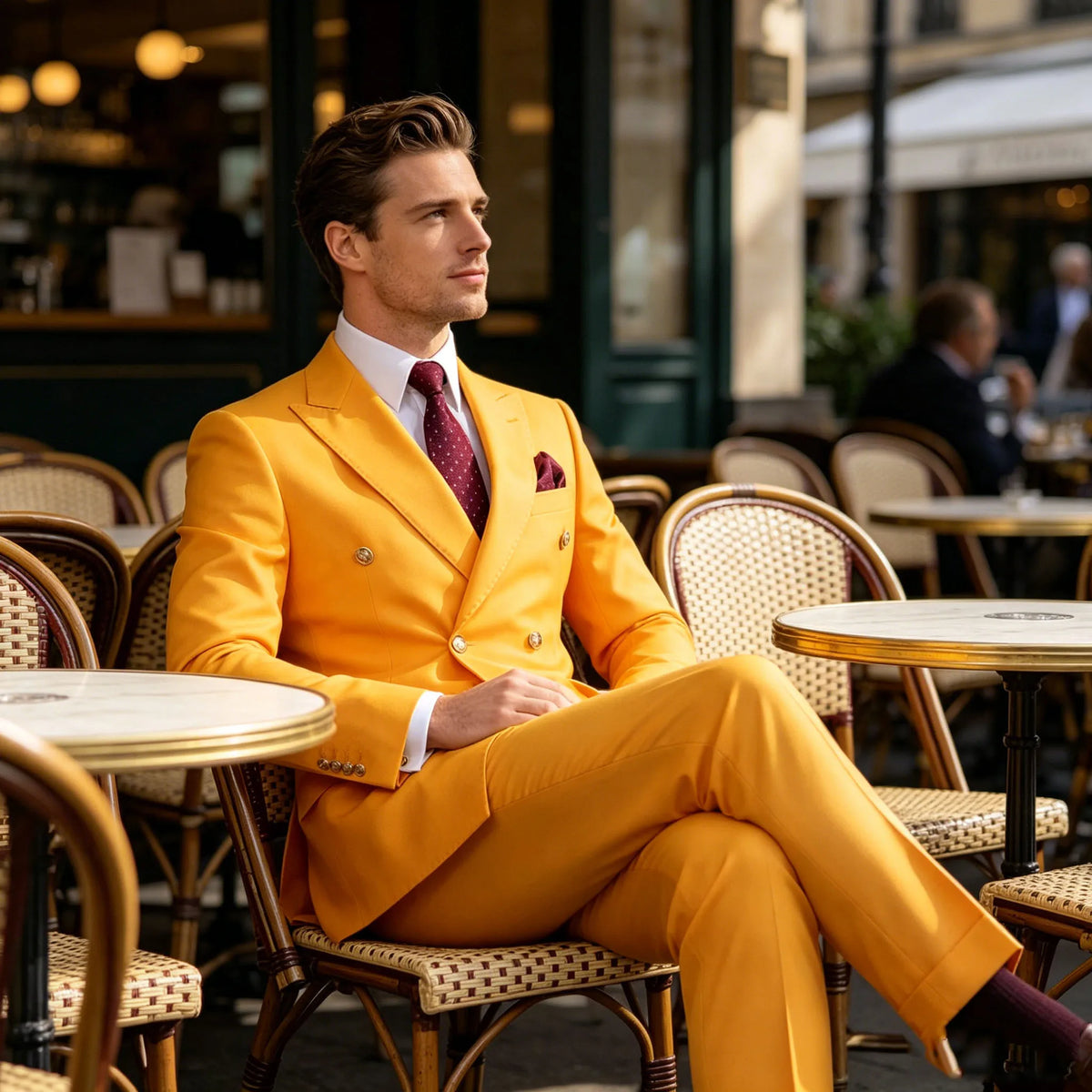 Men's Serge Suit 2 Piece Double Breasted Slim Fit Peak Lapel Gold Button High Quality Formal Blazer Pants Formal Business Weddin