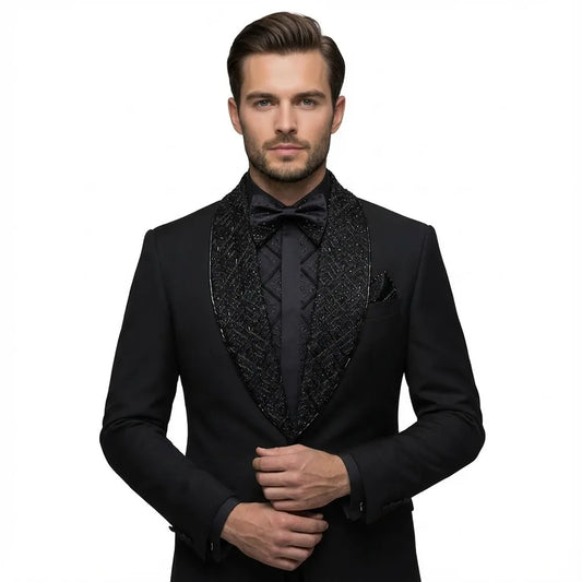 Modern Men's Suits Beads Sheer Lapel 2 Pieces Blazer Pants Business Formal Work Wedding Groom Tuxedo Customized Costume Homme