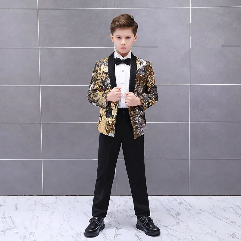 Boys Gradient Sequins Formal Wedding Birthday Party Suits Kids Jacket pants Bowtie 3pcs Price Piano Performance Costume