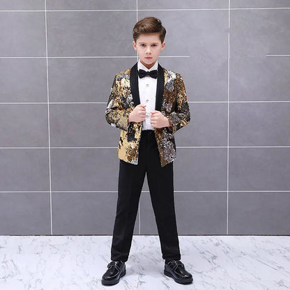 Boys Gradient Sequins Formal Wedding Birthday Party Suits Kids Jacket pants Bowtie 3pcs Price Piano Performance Costume