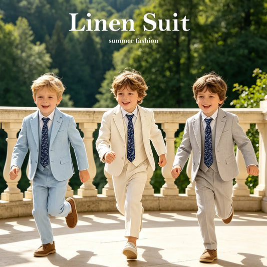 Boys Linen Suit 4-Piece Set for Kids – Formal Wedding & Occasion Wear (Ages 3–14)