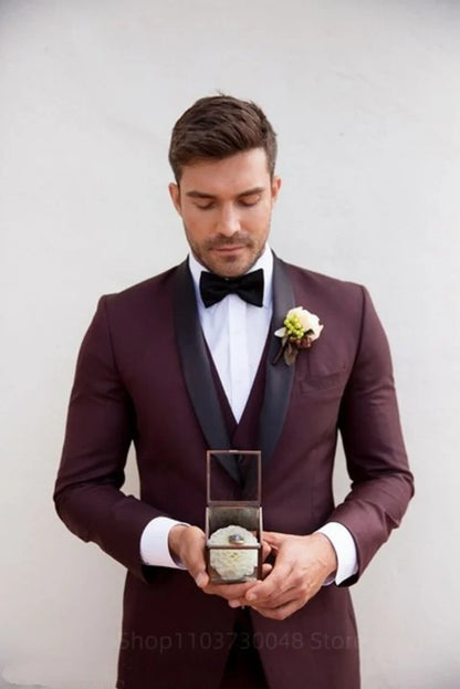 Classic Style 3 Piece Slim Fit Dark Burgundy Men's Tuxedo Suit Shawl Lapel Single Breasted Blazer Vest Pants Set for Party Groom