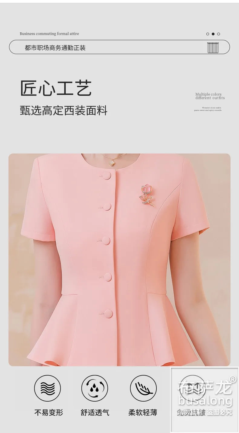 2025Summer Blue Short Sleeve Blazer Suit Professional Women's Skirt Set Short Skirt Elegant Fashion Formal Workwear