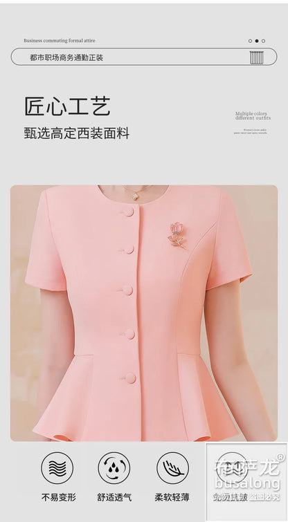 2025Summer Blue Short Sleeve Blazer Suit Professional Women's Skirt Set Short Skirt Elegant Fashion Formal Workwear