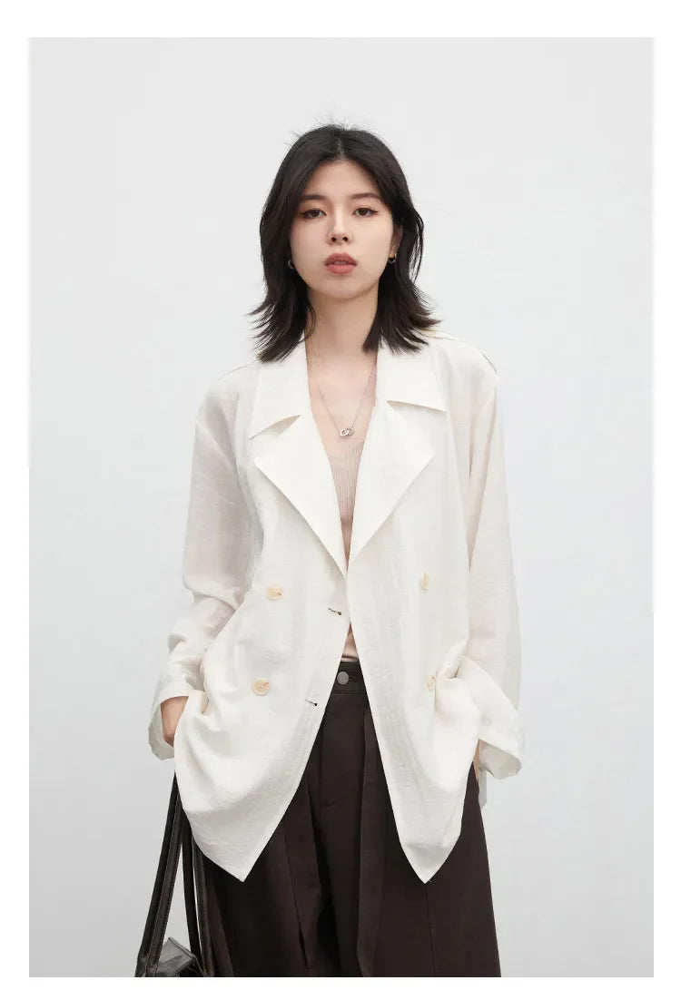New Women Mid-length Trench Coats Loose Casual Oversized Double Breasted Office Ladies Blazer Jacket Spring Autumn