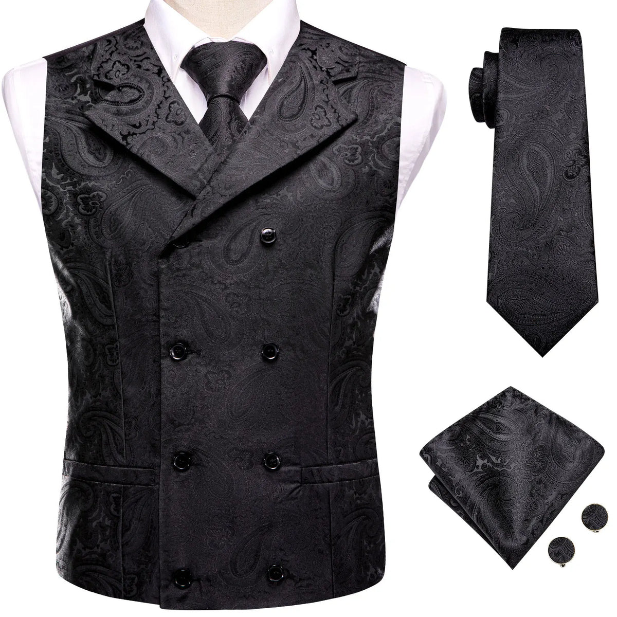 Men's Vest Tie Hanky Cufflinks Set – Black Green Jacquard Floral Paisley – Wedding & Banquet