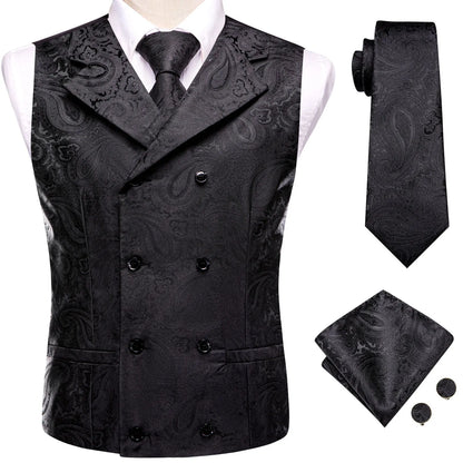 Men's Vest Tie Hanky Cufflinks Set – Black Green Jacquard Floral Paisley – Wedding & Banquet