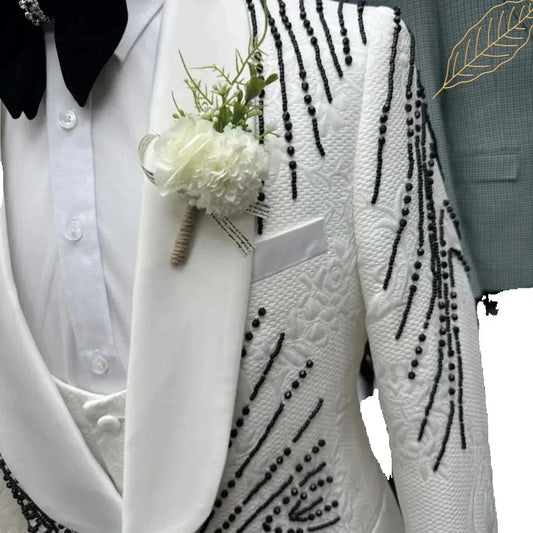 Newest Jacquard Beaded Single Breasted Tuxedo For Men Banquet Prom Wear Luxurious High Quality Men's Suits Wedding Groom Sets