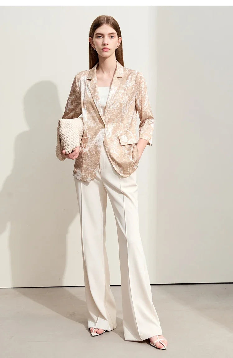 Minimalism Silk Blazers 2026 Summer Notched Printed Basic Fashion Jacket Three Quarter Women Office Lady Blouse 12452146