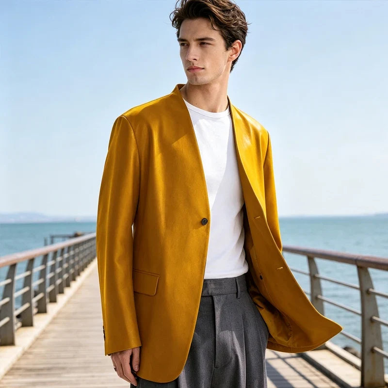 Men's PU Leather Collarless Blazer Single Button Loose Fit Jacket for Wedding Party Office