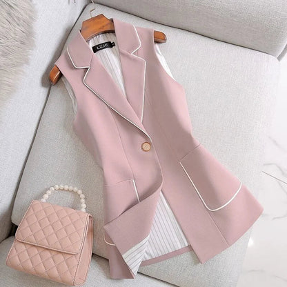 2026 Spring Autumn Women Vintage Long Blazer Vest Chic Single Button Sleeveless Suit Female Jacket Outwear Waistcoat Tops