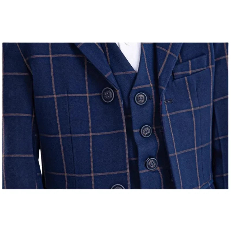 Kids Formal Blue Plaid Blazer Set For Wedding Birthday Boys Jacket Vest Pants Bowtie 4Pieces Suit Set for Piano Host Performance
