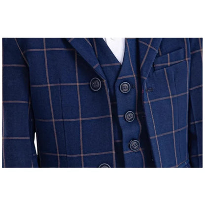 Kids Formal Blue Plaid Blazer Set For Wedding Birthday Boys Jacket Vest Pants Bowtie 4Pieces Suit Set for Piano Host Performance