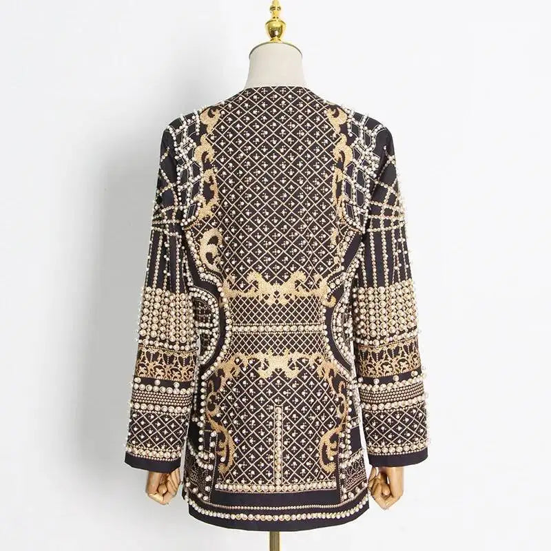 Autumn New Women's Elegant Fashion Luxury Heavy Craft Beaded Printed Coat Stylish V-neck Long Sleeve High-end Blazer HK8297