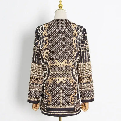 Autumn New Women's Elegant Fashion Luxury Heavy Craft Beaded Printed Coat Stylish V-neck Long Sleeve High-end Blazer HK8297