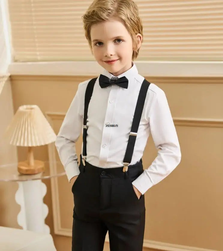 Boys 007 Photograph Suit School Kids Shirt Strap Pants Bowtie 4PCS Clothing Set Children Piano Performance Dance Dress Costume