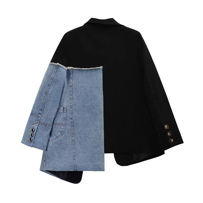 Women Vintage Fashion Blazer Denim Patchwork Jackets 2022 Autumn Winter Irregular Coat Women Long Sleeve Loose Korean Outerwear