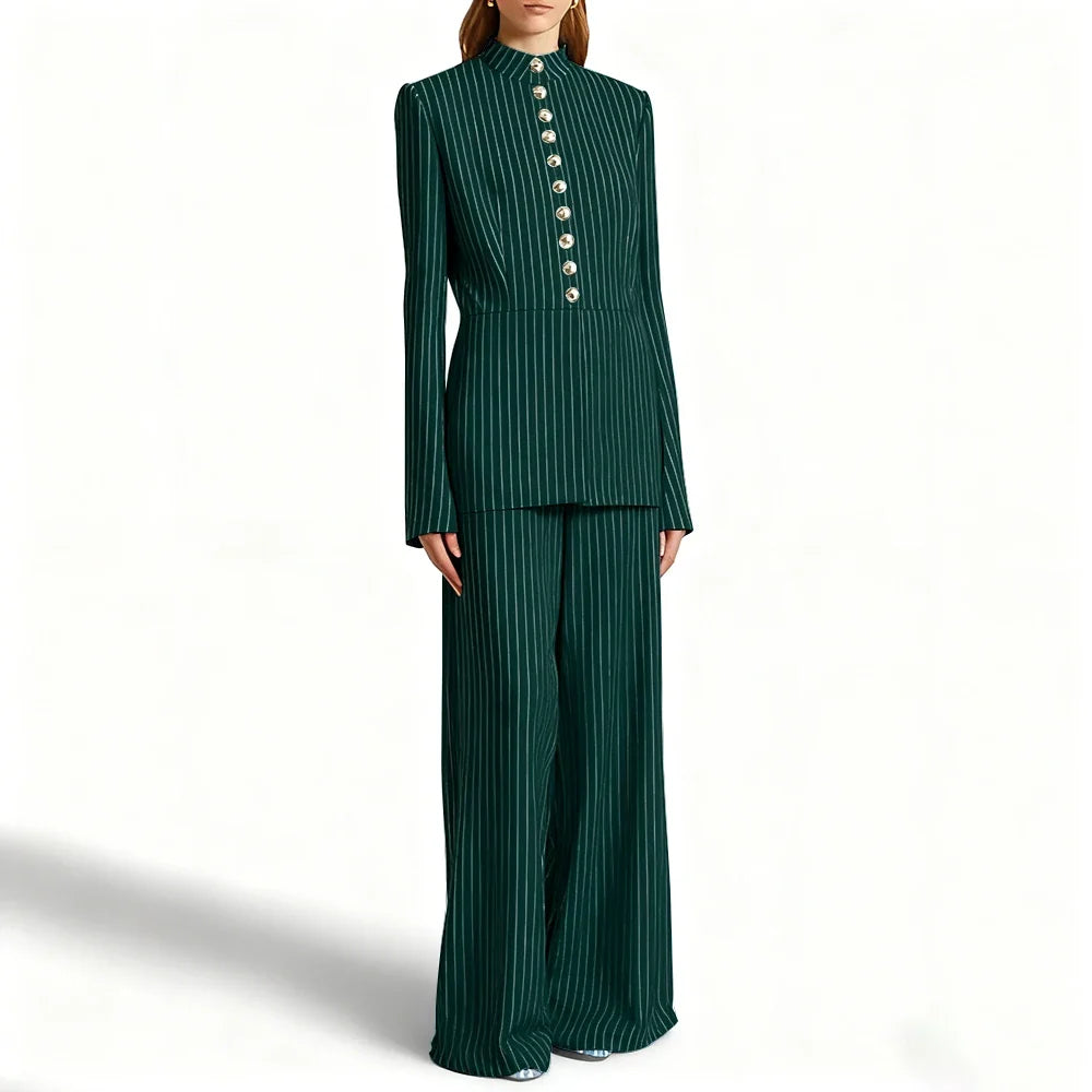 Elegant Women's Suits Pinstripe Two-piece(Jacket+Pants) Set with Stand Collar Gold Single Breasted Business Office Lady Outfit