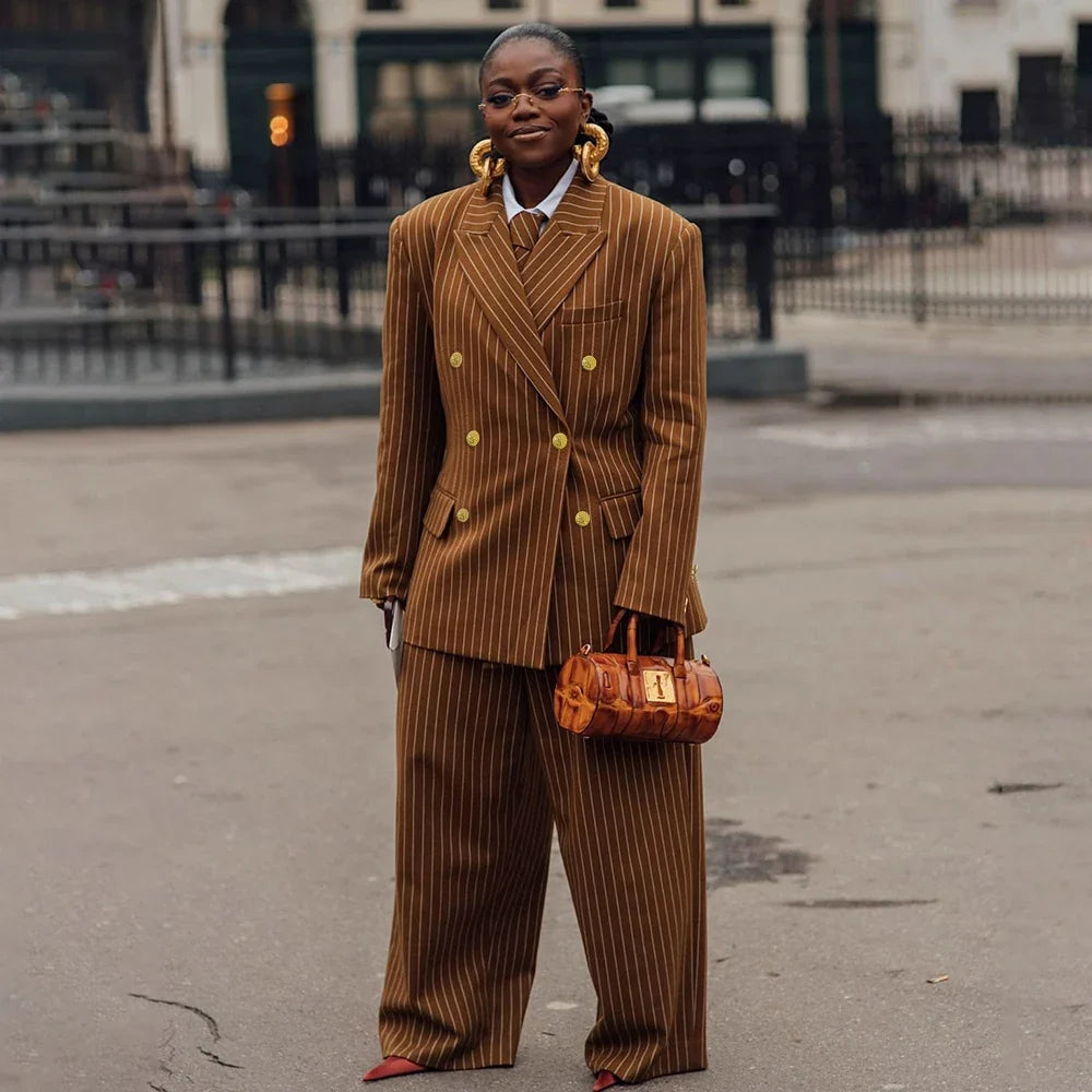 Chic Women Brown Striped Double Breasted Suit Classic 2Pics Jacket+Pants Street Fashion Set Formal Evening Party Power Dressing