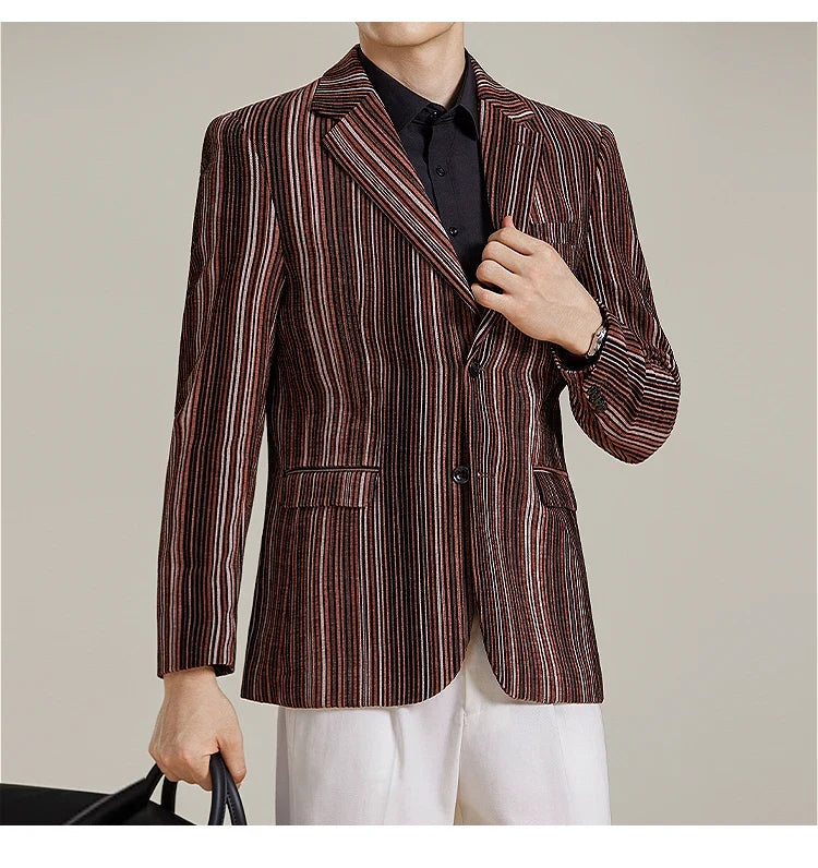 2025 Autumn Winter Velvet Striped Fashion Casual Suit Jacket Slim Fit Versatile Business Blazers Social Wedding Groom Dress Coat