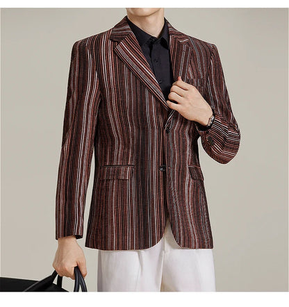 2025 Autumn Winter Velvet Striped Fashion Casual Suit Jacket Slim Fit Versatile Business Blazers Social Wedding Groom Dress Coat