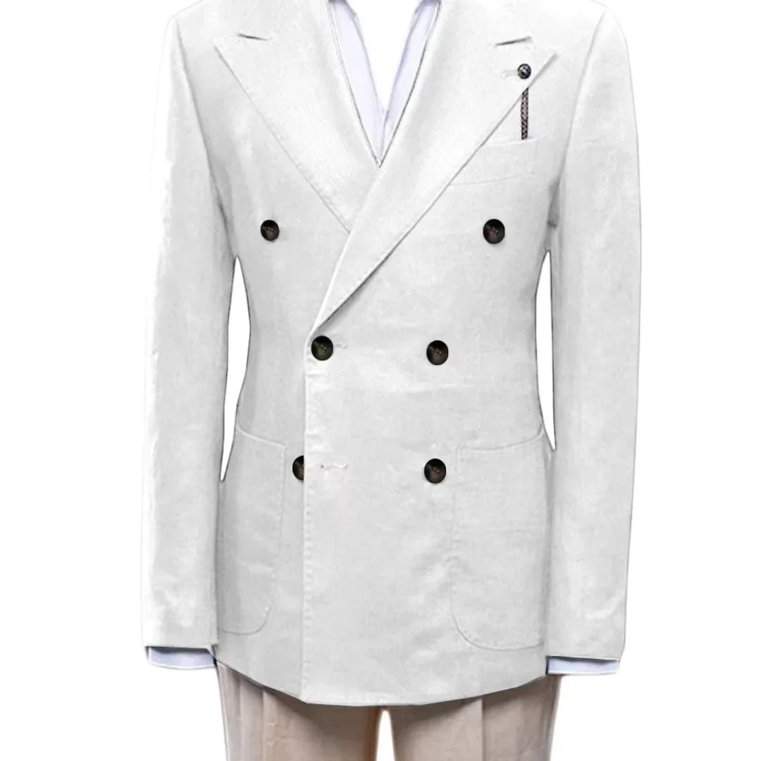 Summer White/Blue Slim Fit Men's Linen Blazer Casual Party Prom Peak Lapel Coat Spring Formal Wear Linen Suit Jacket Outwear