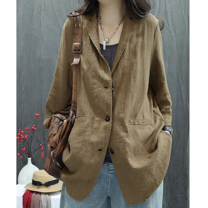 2026 Autumn New Style Women's Casual Pure Color Linen Long Sleeve Retro Fashionable Versatile Suiting Jacket Classic All-Match