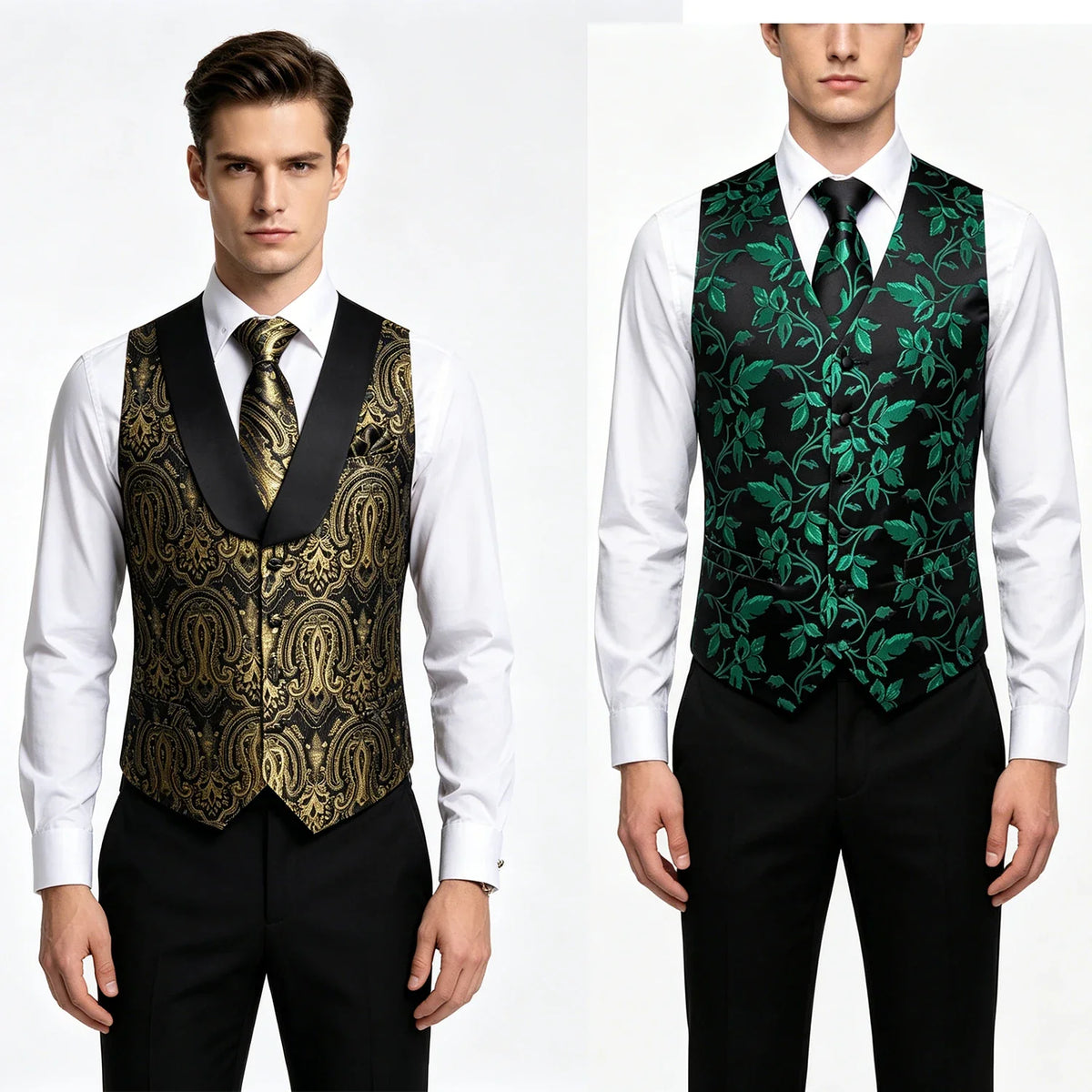 Vest Men Formal Green Floral Dobby Waistcoat Wedding Party Suit Set
