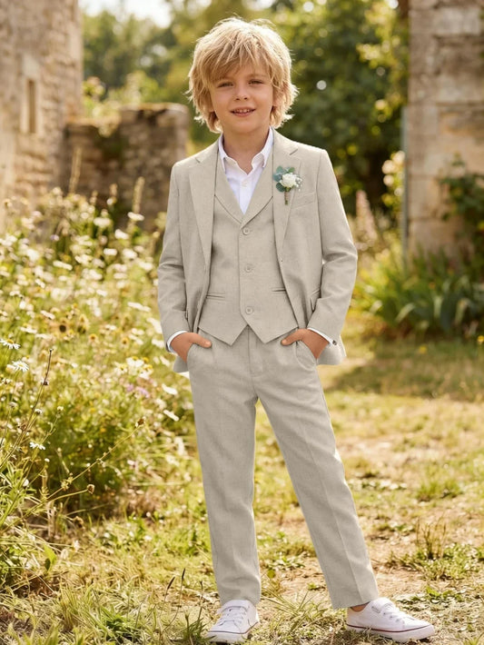 Summer Linen Boys Suit Set 3 Pieces Beach Wedding Wear Casual Notched Lapel Kids Slim Fit Tuxedo For Birthday Party 2-20T