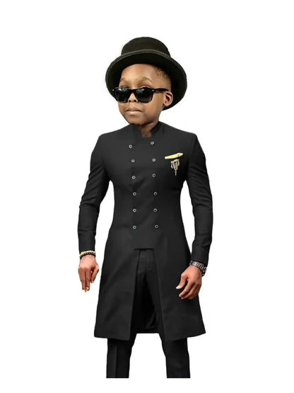 African Stand Collar Kids Long Suit Set 2 Pieces Wedding Guest Outfit Double Breasted Boys Formal Tuxedo Birthday Party Wear