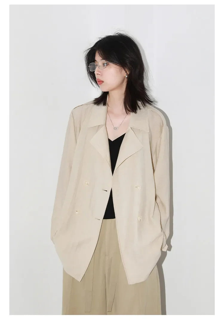 New Women Mid-length Trench Coats Loose Casual Oversized Double Breasted Office Ladies Blazer Jacket Spring Autumn