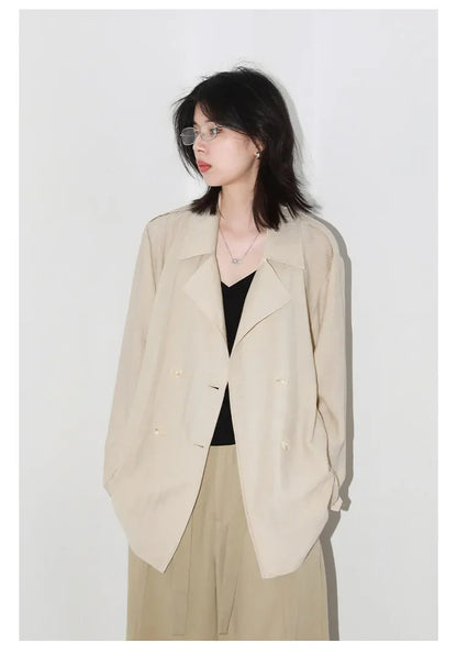 New Women Mid-length Trench Coats Loose Casual Oversized Double Breasted Office Ladies Blazer Jacket Spring Autumn