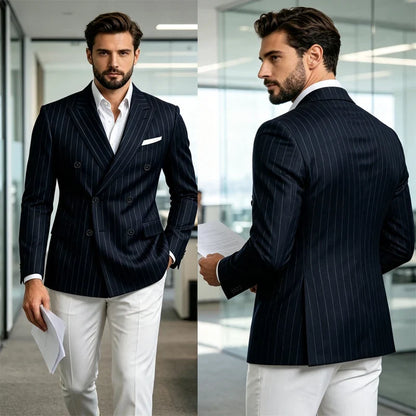 Men Striped Double Breasted Suit Jacket Notch Lapel Business Slim Fit Formal Blazer Elegant Lightweight Dress Coat For Prom Work