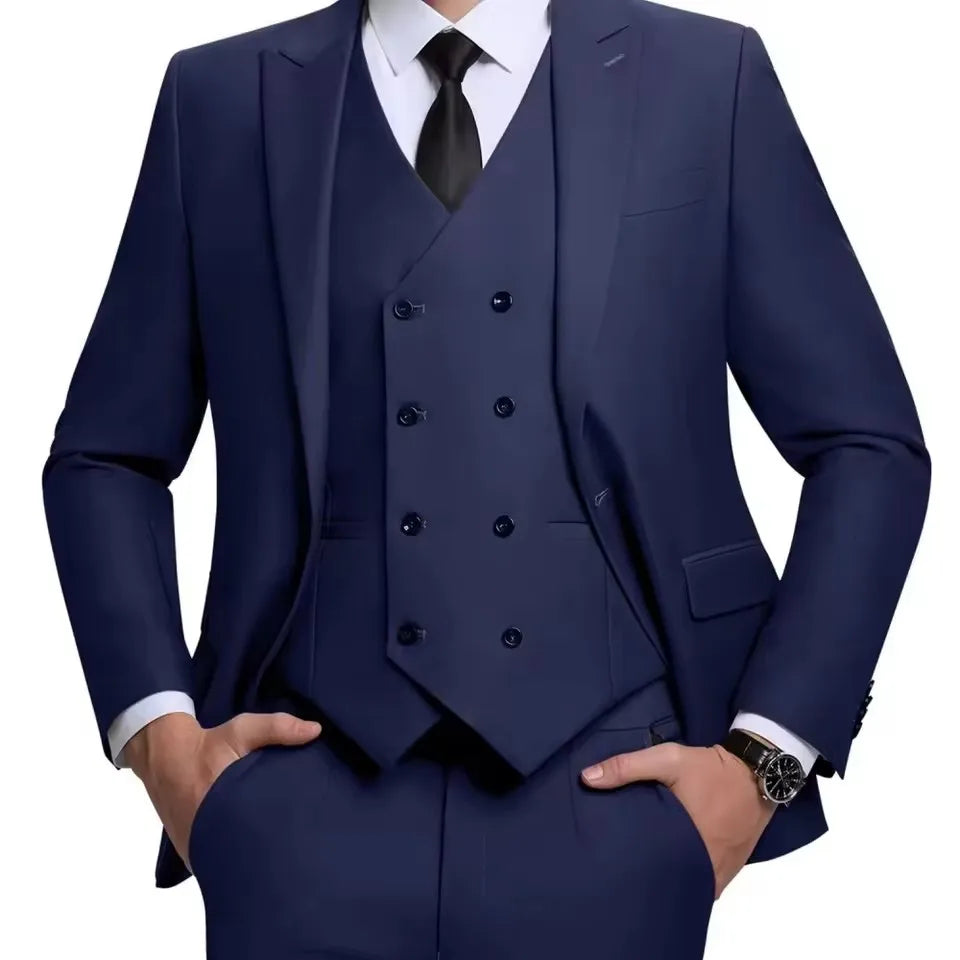 Men's Linen 3-Piece Slim Fit Suit – Blue & Beige | Peak Lapel