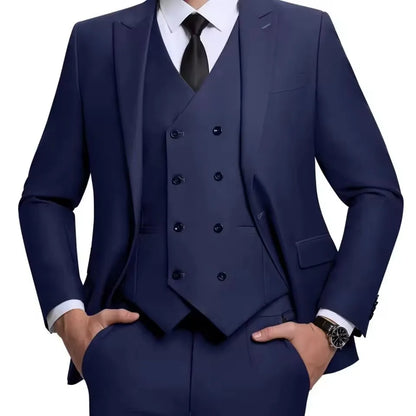 Men's Linen 3-Piece Slim Fit Suit – Blue & Beige | Peak Lapel