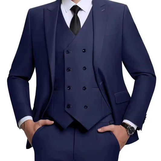 Men's Linen 3-Piece Slim Fit Suit – Blue & Beige | Peak Lapel
