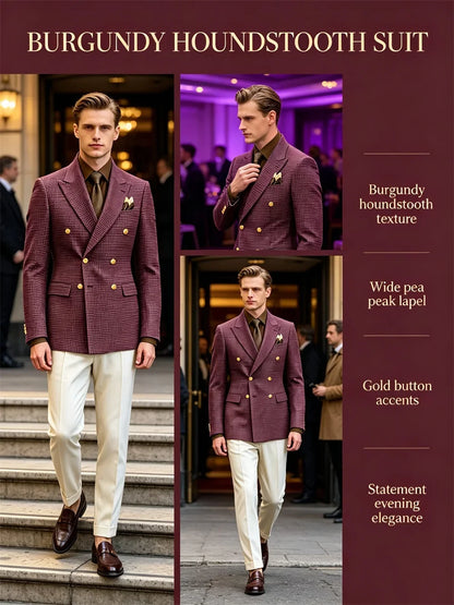 Men's Houndstooth Double Breasted Blazer Vintage Slim Jacket  Fit Formal Business Wedding Party Coat For Men Autumn Winter