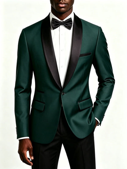Men's 2-Piece Slim Fit Tuxedo Suit – Black Satin Shawl Lapel for Wedding, Prom & Formal Events