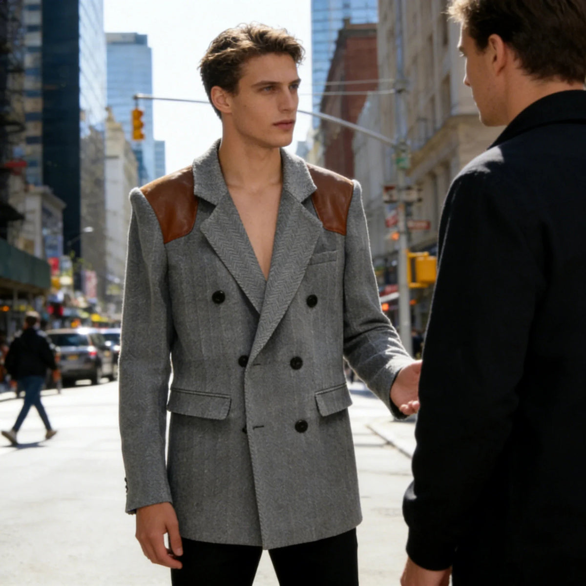 Men's Vintage Herringbone Blazer Contrast Shoulder Patches Double Breasted Wool Blend Suit Jacket Slim Fit Casual Business Coat