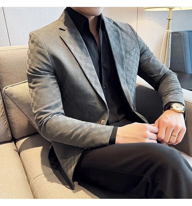2024 Spring Plaid Blazers Men Single Breasted Casual Business Suit Jacket Fashion Slim Social Banquet Wedding Groom Dress Coats