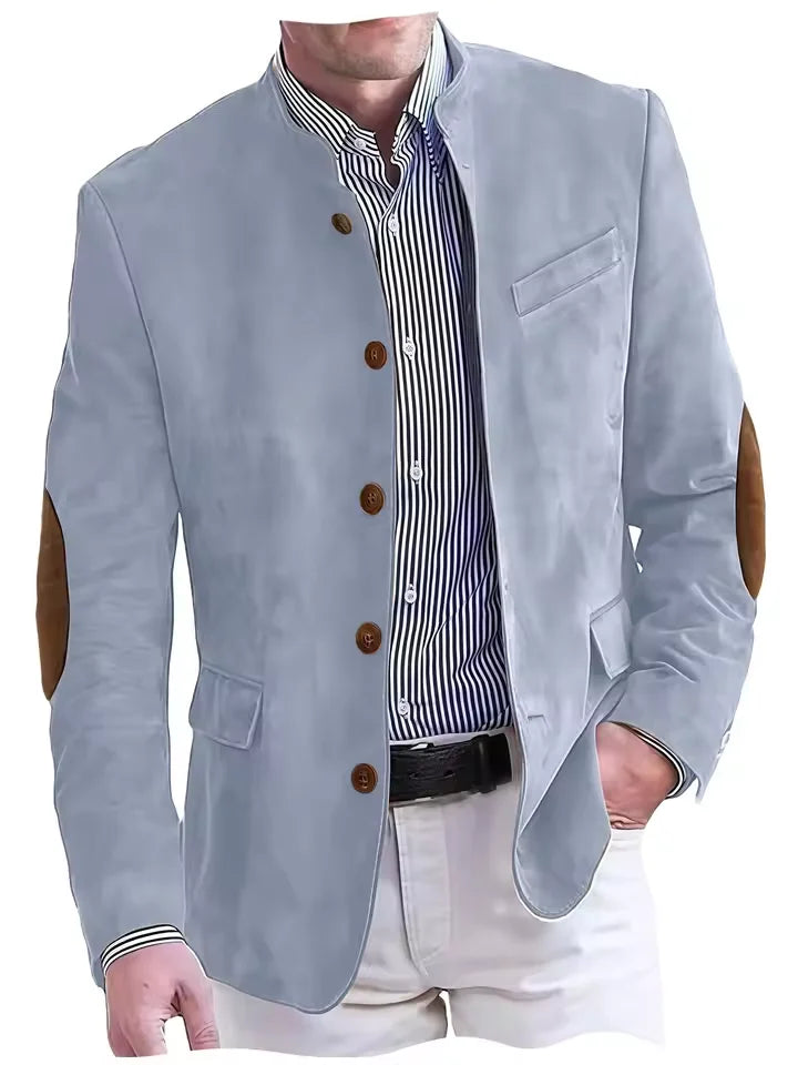 Vintage Men's Suede Blazer Elbow Patch Slim Fit Mandarin Collar Textured Fabric Jacket Business Casual Wedding Party Coat