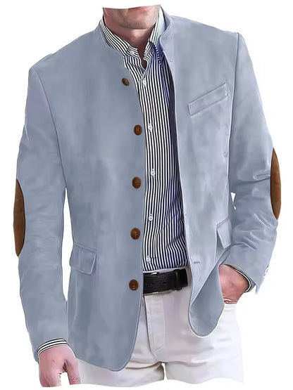 Vintage Men's Suede Blazer Elbow Patch Slim Fit Mandarin Collar Textured Fabric Jacket Business Casual Wedding Party Coat