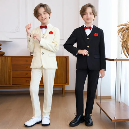 Boys Pure Pink Jacket Vest Pants Bowtie+Pocket Cloth 5pcs Wedding Birthday Outfit Kids Formal Piano Host Performance Costume