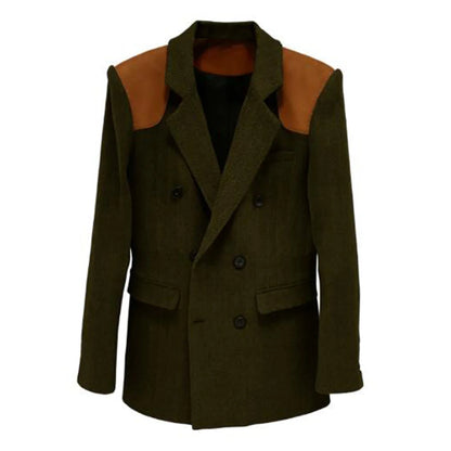 Men's Vintage Herringbone Blazer Contrast Shoulder Patches Double Breasted Wool Blend Suit Jacket Slim Fit Casual Business Coat