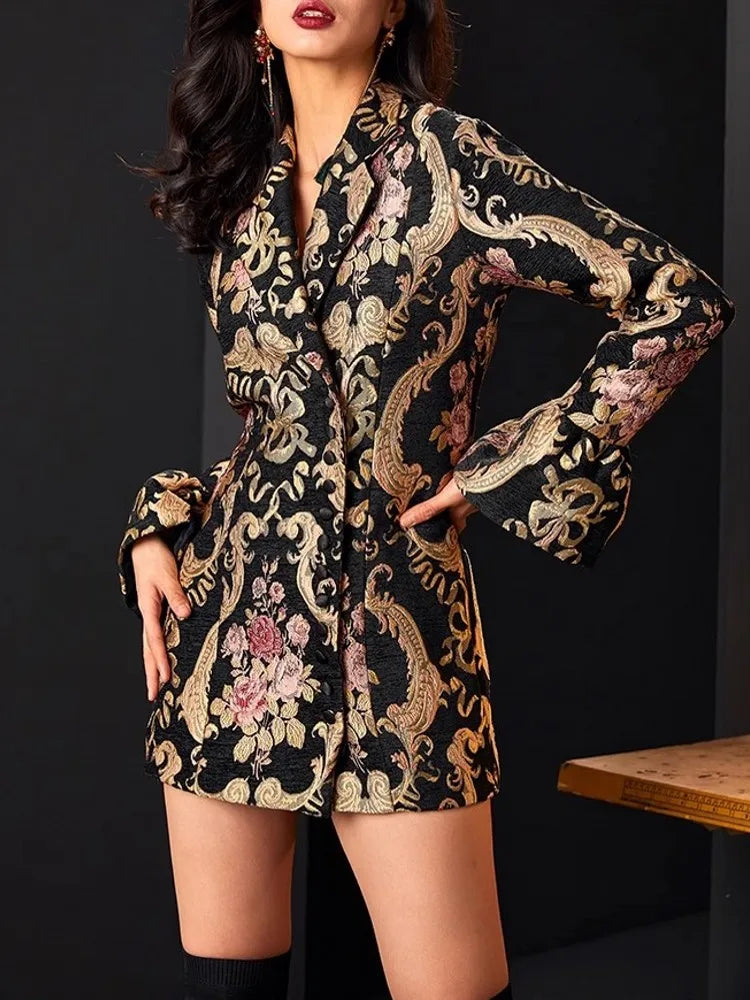Vintage Women Slim Fit Single Breasted Floral Jacquard Long Blazer Jacket Stage Show Suit Coat Autumn New OL Party Outwear Coat