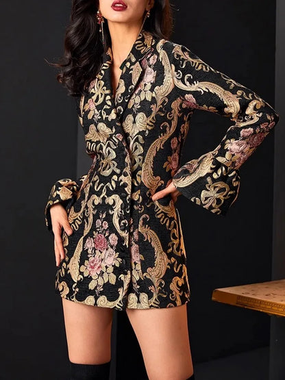 Vintage Women Slim Fit Single Breasted Floral Jacquard Long Blazer Jacket Stage Show Suit Coat Autumn New OL Party Outwear Coat
