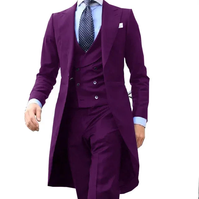 Long Coat Designs Burgundy Men Suit Gentle Mens Tuxedo Prom Blazer Custom 3 Pieces (Jacket+vest+Pants)