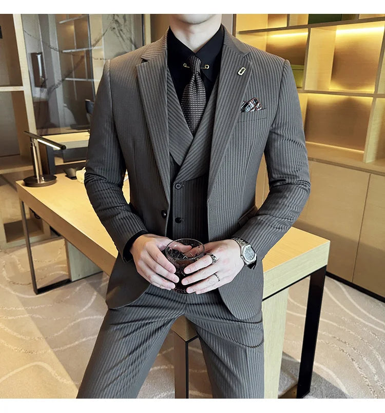 (Jackets+Pants+Vest) Luxury Stripe Men Suit Korean Version Fashion Elegant Slim Fit Tuxedo Formal Groom Wedding Social Suits