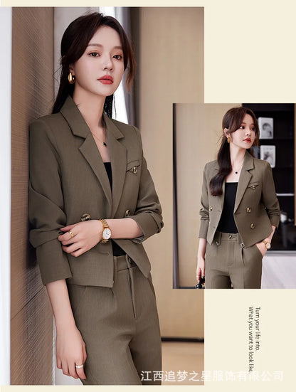 Blue Suit Women 2024 New Spring High End Fashion Temperament Professional Short Blazer And Pants Sets Office Ladies Work Wear