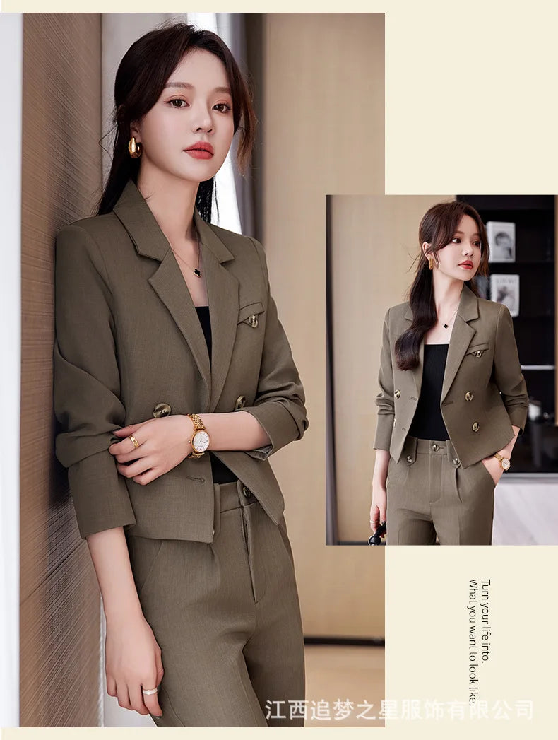 Spring Autumn Solid Women Suits Office Sets 2024 New Fashion Double Breasted Short Blazers Casual High Waist Pencil Pants Suits